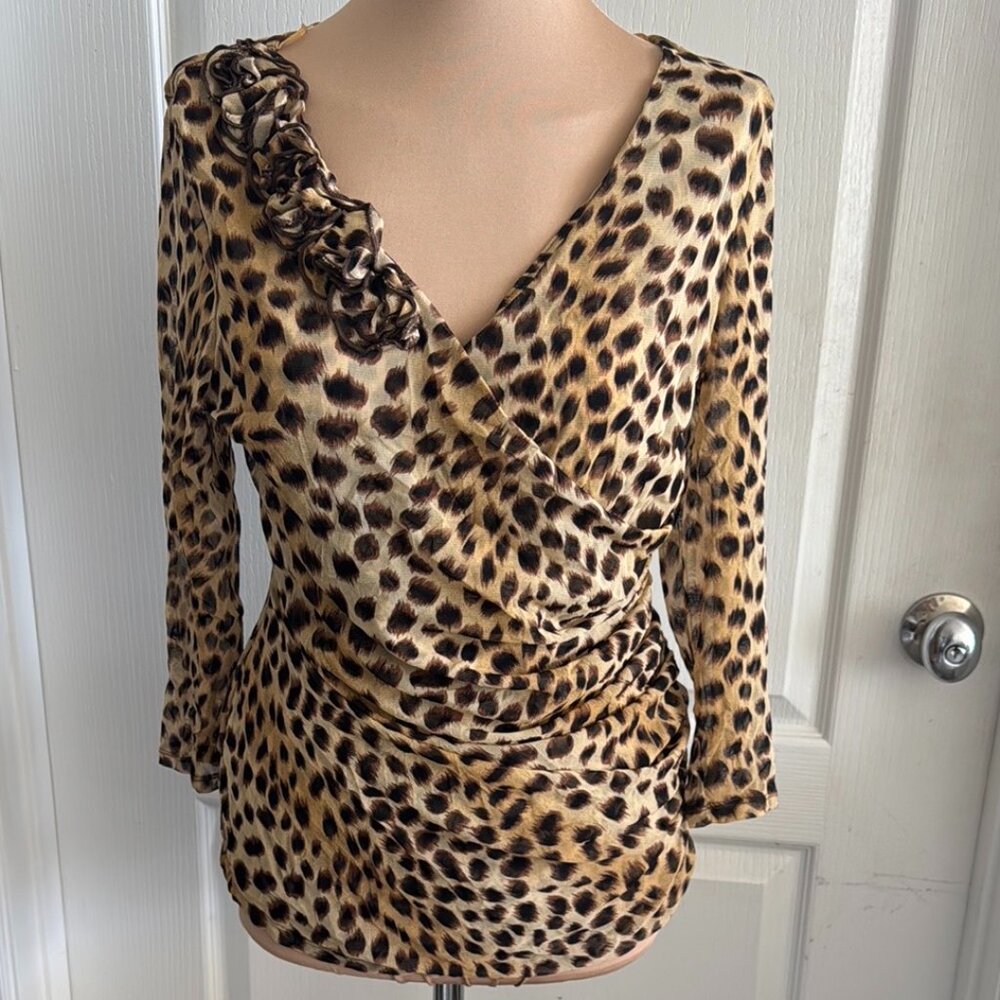 INC INTERNATIONAL CONCEPTS Leopard Print W 3D Faux Wrap Flowers Top Sz. XL